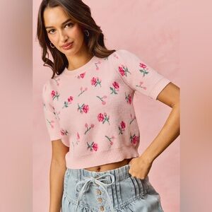 Pink Floral Pattern Knit Puff Sleeves Sweater Top